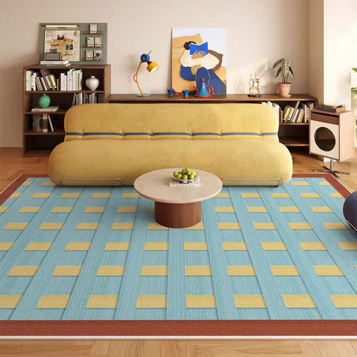Retro Grid Blue & Yellow Rug