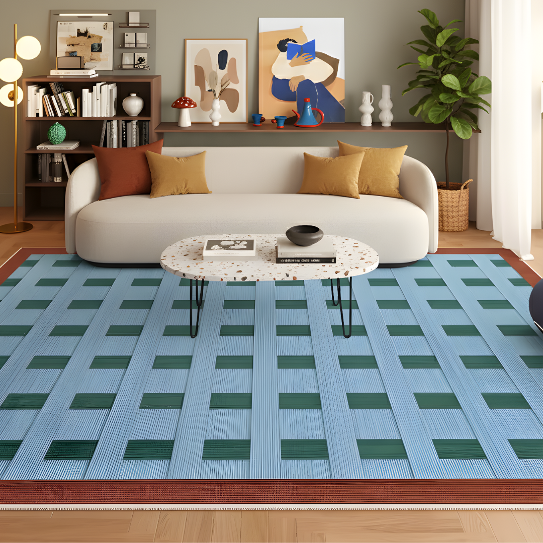Retro Grid Blue & Green Rug