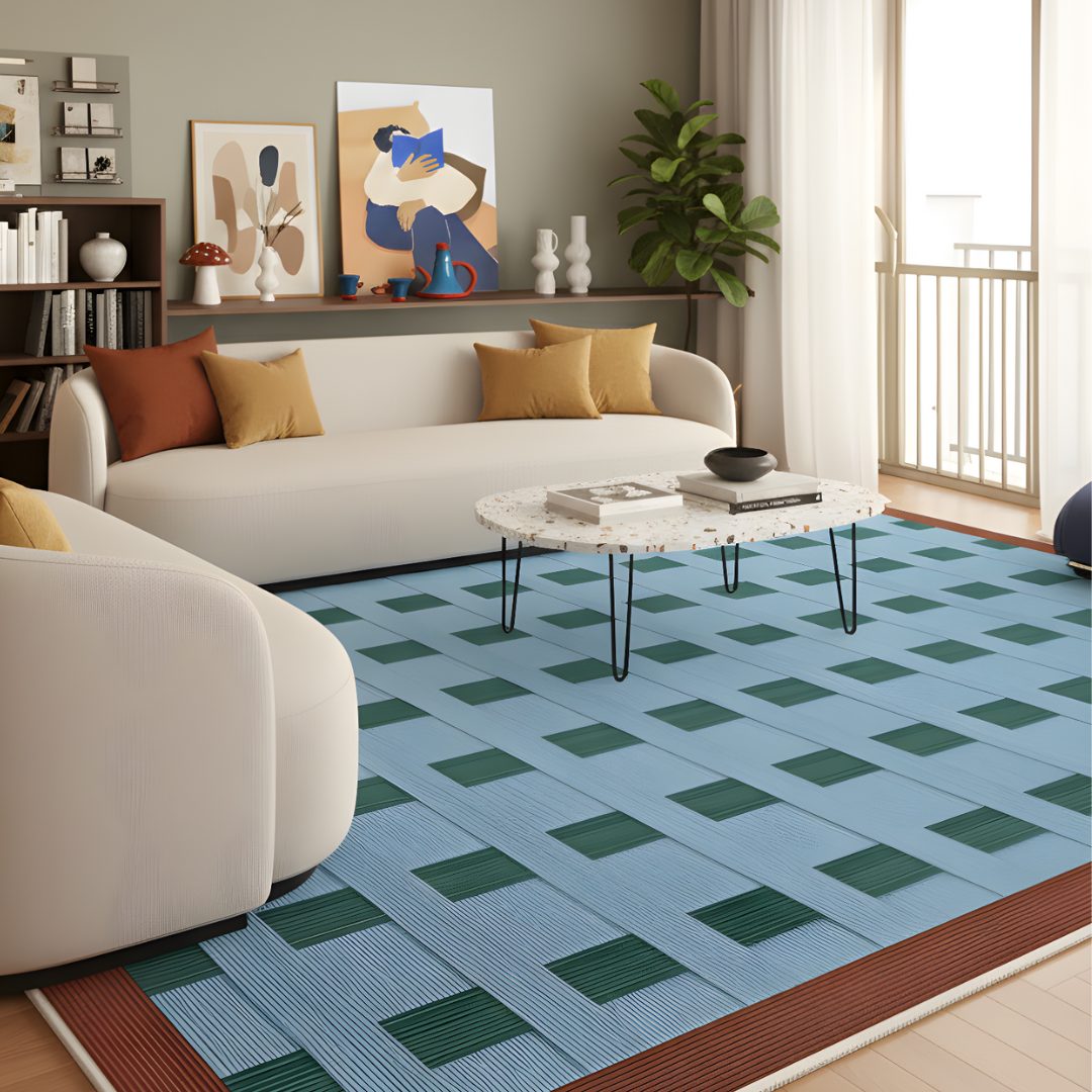 Retro Grid Blue & Green Rug